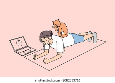 Sporty woman stand in plank, lazy cat sitting on back. Toned active girl follow healthy lifestyle do sports with online training lesson or class on computer at home on lockdown. Vector illustration. 