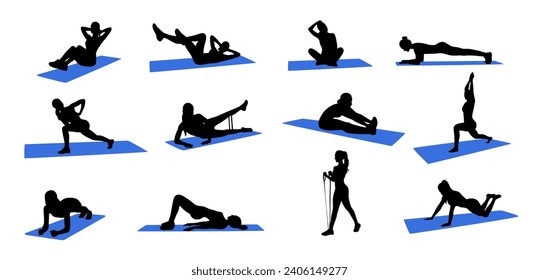 Sporty woman stretching and warm-up doing special exercises for muscles, doing side plank, woman stretching silhouette