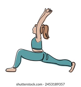 Sporty woman in stretching yoga pose in boho style. Hand drawn single line icon of female body doing exercises. Vector illustration isolated on white background