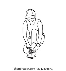 sporty woman tying shoe laces illustration vector hand drawn isolated on white background line art.