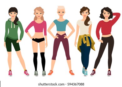 Sporty Womans Outfit Isolated On White Background. Young Women In Sport Clothes Vector Illustration