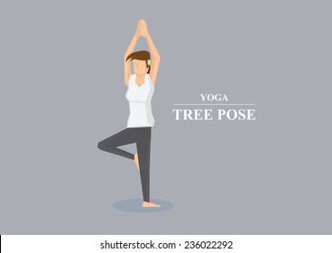 Sporty Women Balancing On One Leg And Both Arms Stretched Out In The Air With Hands Pressed Together. Vector Illustration In Yoga Tree Pose Isolated On Plain Grey Background.