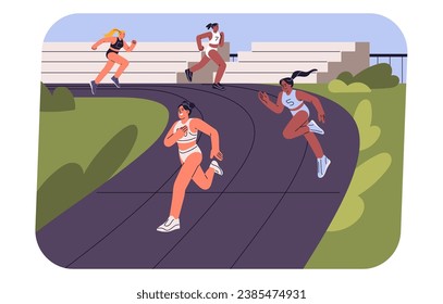 Sporty women on running track. Female runners on sprinting competition, race. People jogging on stadium. Athletes training body, stamina. Summer tournament. Outdoor sport. Flat vector illustration