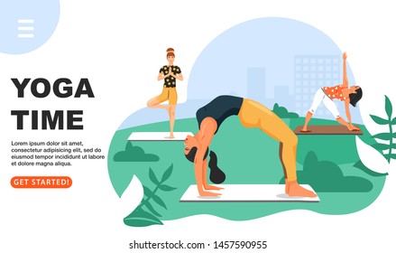 Sporty women practicing yoga in the park. Girls standing in various poses. Website landing page design template. Vector.