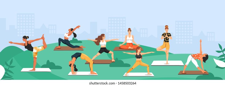 Sporty women practicing yoga in the park. Girls standing in various poses. Vector illustration with copy space.