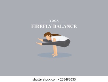 Sporty women supports body and outstretched legs with arms on floor in yoga firefly pose. Vector illustration isolated on plain grey background.