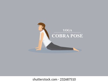 Sporty women in yoga cobra pose with chest lifted and hands and lower body on the floor. Vector illustration isolated on plain grey background