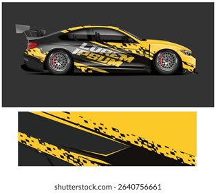 Sporty yellow and black race car wrap design template with abstract patterns. Perfect for vinyl wraps and livery.