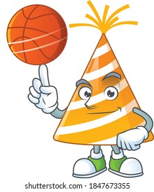 An sporty yellow party hat mascot design style playing basketball on league. Vector illustration