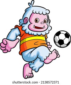 The sporty yeti playing the football and kicking the ball of illustration