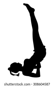 Sporty yoga girl on white background doing shoulder stand exercise, asana viparita karani