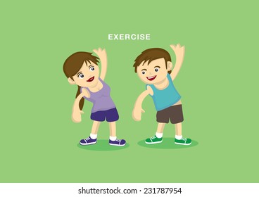 Sporty young couple doing stretching warm up exercises. Vector illustration isolated on green background.