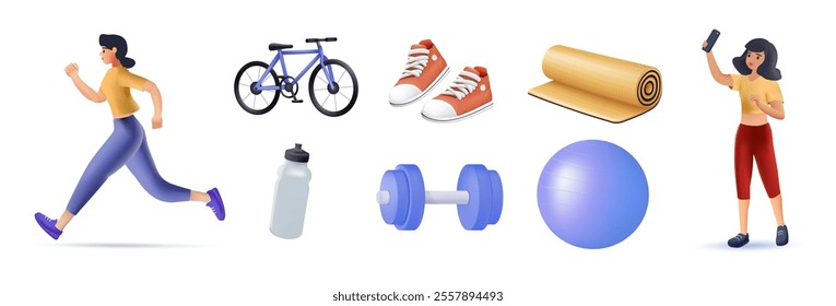 Sporty young Girls running and taking a selfie on smartphone. Various Sport equipment set. Different isolated Fitness inventory, gym accessories. Healthy lifestyle concept. 3D modern Vector