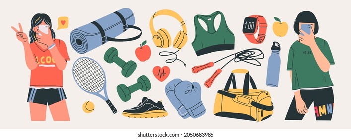 Sporty young Girls taking a selfie on smartphone. Various Sport equipment set. Different isolated Fitness inventory, gym accessories. Healthy lifestyle concept. Hand drawn modern Vector illustrations
