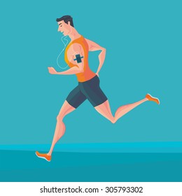 Sporty young man jogger listening to music on smartphone. Runner with smartphone armband. Vector Illustrator.