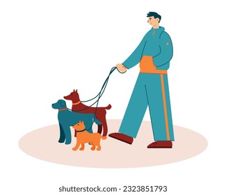 Sporty young man walking with dogs outside, helping owners. Protection and care for homeless dogs. Zoo volunteer helping shelter pets. Flat vector illustration in blue and orange colors