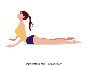 Sporty young woman doing yoga practice isolated on white background. Bhujangasana