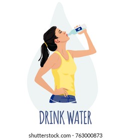 Sporty young woman drinking glass of water. Healthy lifestyle concept with water drop on the background. Vector isolated illustration.