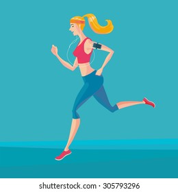 Sporty young woman jogger listening to music on smartphone. Runner with smartphone armband. Vector Illustrator.