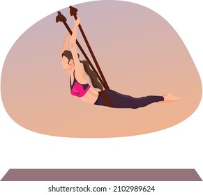 Sporty young Woman practicing Aerial or fly or aero yoga. Flat Vector Illustration. Anti gravity yoga posing.