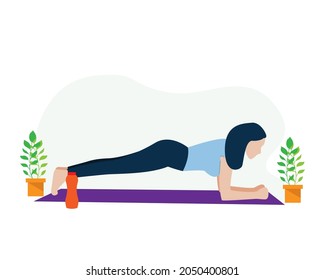 Sporty young woman woman practicing yoga end fitness exercises indoor. Healthy and wellness lifestyle. Female cartoon character demonstrating yoga poses at home or in class.Vector Sports illustration