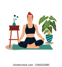 Sporty young woman practicing yoga in the comfort of her own home. Yogini performing morning physical exercise routine at the living room. flat style vector
