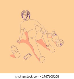 Sporty young woman sit on floor with dumbells. Outline illustration