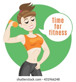 Sporty young woman in sportswear. Fit girl with dumbbells. Smiling cartoon girl says let's do fitness. Sport concept, vector illustration