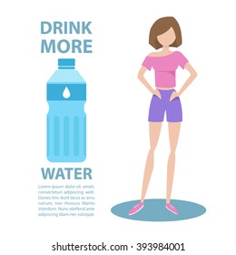 Sporty young woman in sportswear with inscription Drink more water. Healthy lifestyle concept. Motivation poster template. Bottle of water. Flat style vector illustration.