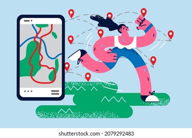Sporty young woman in sportswear run use modern application tracking program on smartphone. Toned millennial girl do sports exercise with app on cellphone. Healthy life. Flat vector illustration. 