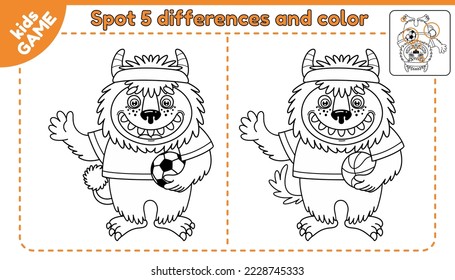 Spot 5 differences and color it. Finding the difference game for children. Coloring book. Cartoon cheerful monster. Vector illustration.