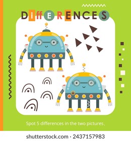 Spot 5 differences. Robot activities for kids. Cute robots. Vector illustration. Activity Book square format.