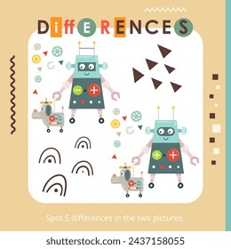 Spot 5 differences. Robot activities for kids. Cute robot and dog. Vector illustration. Activity Book square format.