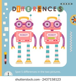 Encuentra 5 diferencias. Actividades de robots para niños. Lindos robots. Ilustración vectorial. Formato cuadrado del libro.