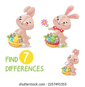 Spot The 7 Easter Bunny Differences, Fun, Addictive Game For Kids. Players Must Find The Differences Between Two Pictures Of Cute Easter Bunny. Logic, Puzzle. Workbook For Preschoolers, Activity Book