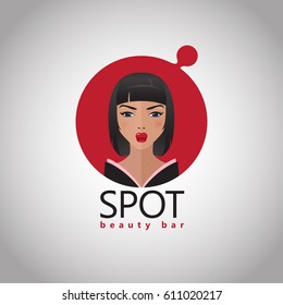 "Spot" beauty bar logo. Design elements with flat portrait illustration of female for beauty salon and more.