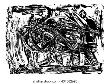 Spot of black paint smeared hands across the smooth surface. Vector image on a transparent background. Brush strokes of paint, painted over with a brush texture.