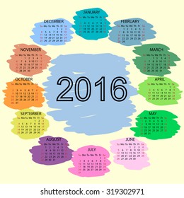 Spot color inks calendar 2016 new year. Week starts from Sunday