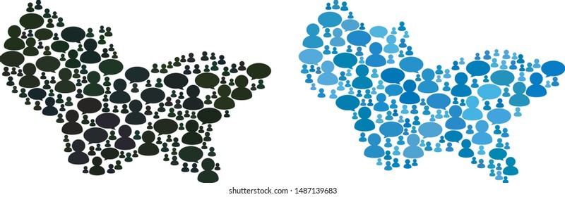 Spot compositions of Chat Clouds and Men symbols. Vector mosaic in blue color tones. Users and chat balloons are organized into Spot mosaics. Flat design on a white background.