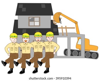 The spot of the demolition work of the house. The teamwork of the worker.