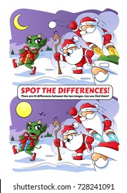 Spot the difference. Educational game for children. 3 Santas chase evil goblin who stole a present. Coloring book pages. Vector EPS10