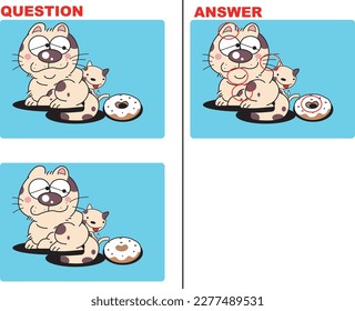 Spot the difference illustration quiz, cat and donut