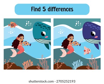 Encuentra la diferencia entre sirena y ballena Puzzle. Juegos educativos para niños	
