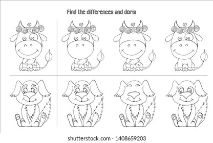 Spot the differences between cow, dog, kids, education, coloring pages for kids. - Vector graphics