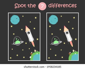 Spot the differences. Child educational game with rocket and flying saucer