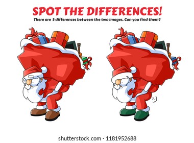 Spot the differences- an educational game for children. Santa Claus carrying a sack full of gifts. Vector EPS10