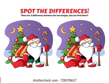 Spot The Differences. Educational Game For Children. Santa With Presents And Christmas Tree. Vector EPS10