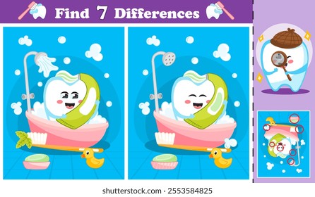 Spot the Differences Game with a Smiling Tooth in a Bubble Bath