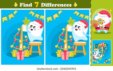 Spot the differences game: Tooth character decorating Christmas tree made of toothbrush