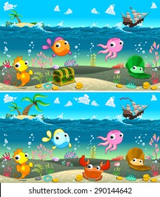 Spot the differences. Two images with eight changes between them, vector and cartoon illustrations